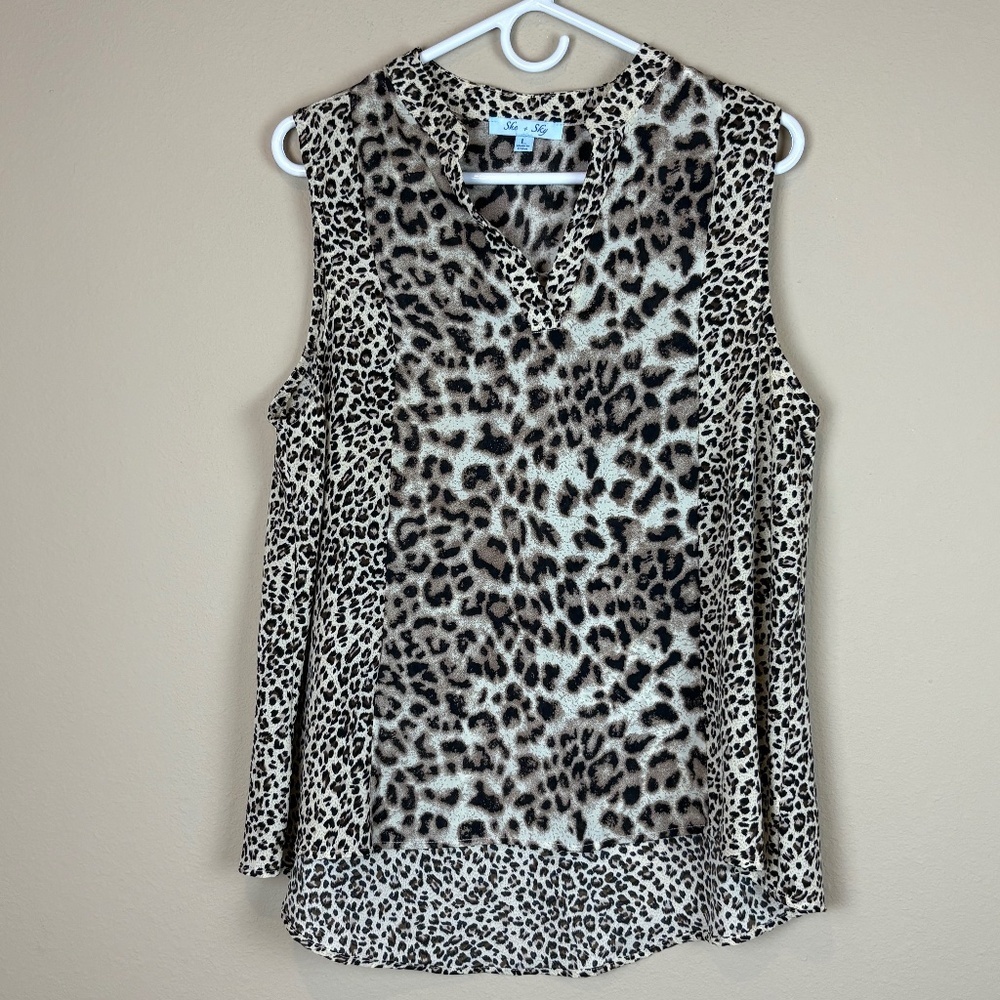 She + Sky Tan/Beige Leopard Print V-Neck Semi-Sheer Sleeveless Top; Size L